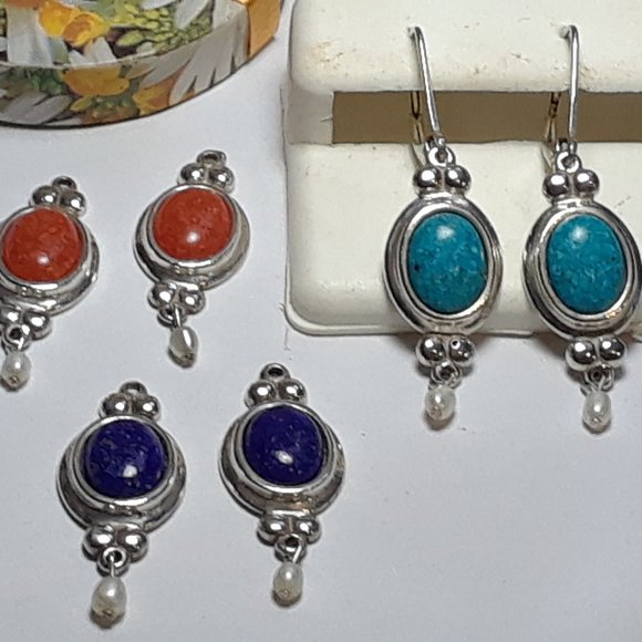 Lapis, Carnelian, Turquoise & Pearl interchangeable 3in1 925 Lever Earrings18528 - Picture 1 of 5